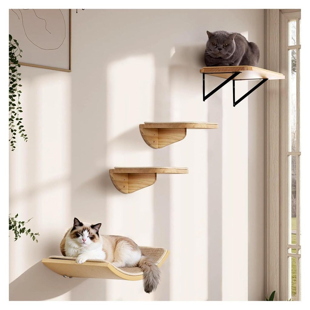 Katzentreppe Wand Set, Katzen Kletterwand mit 2 Stufen und Plattformen in quadratischer und gebogener Form, wandmontiertes Holz Katzenmöbel Set f...