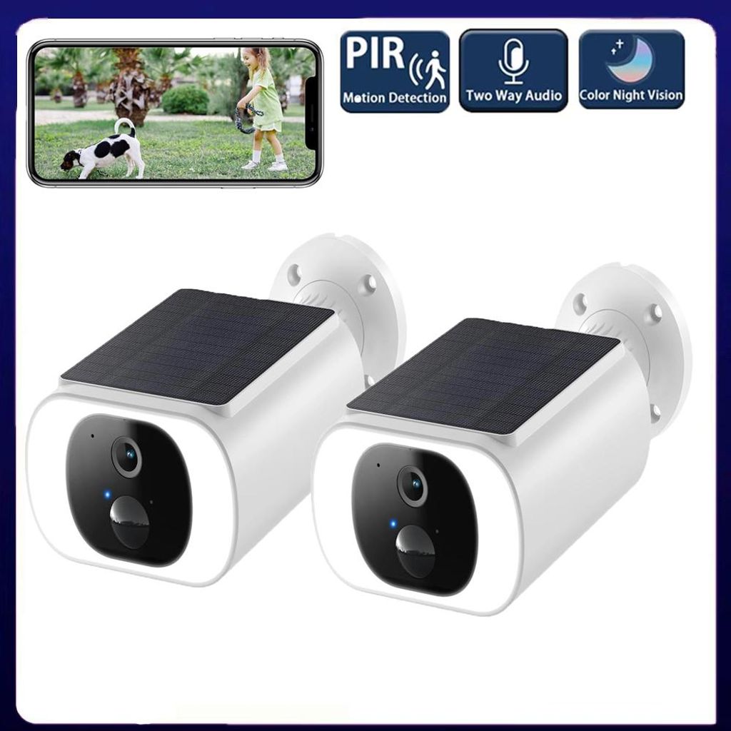 Zwei Packungen 2K Überwachungskamera Aussen Akku mit Solarpanel, überwachungskamera Aussen Solar mit Spotlight, PIR-Bewegungserkennung