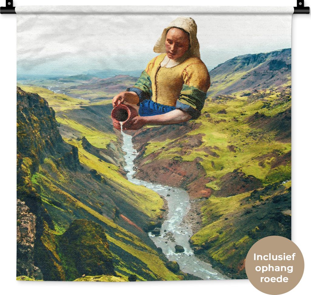 MuchoWow Wandteppich Wandbehang Milchmädchen - Wasser - Vermeer 60x60 cm Tapisserie Dekoration Wandtuch - Dekorationen - Wand Decke