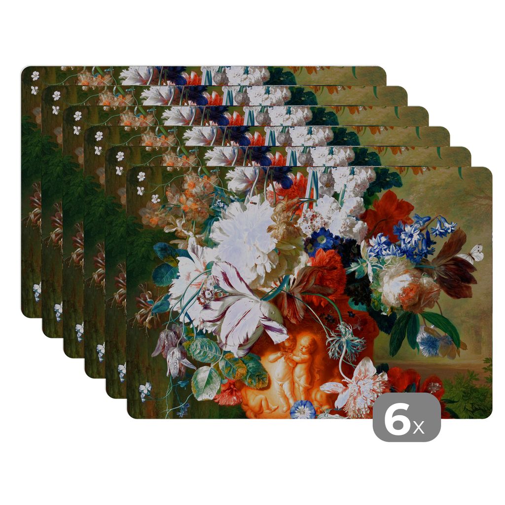 KitchenYeah Platzsets 6er Set Tischset abwaschbar Platzdecken 45x30 cm Kunst - Alte Meister - Blumenstrauß in einer Urne - Tischmatte Platzmatte...