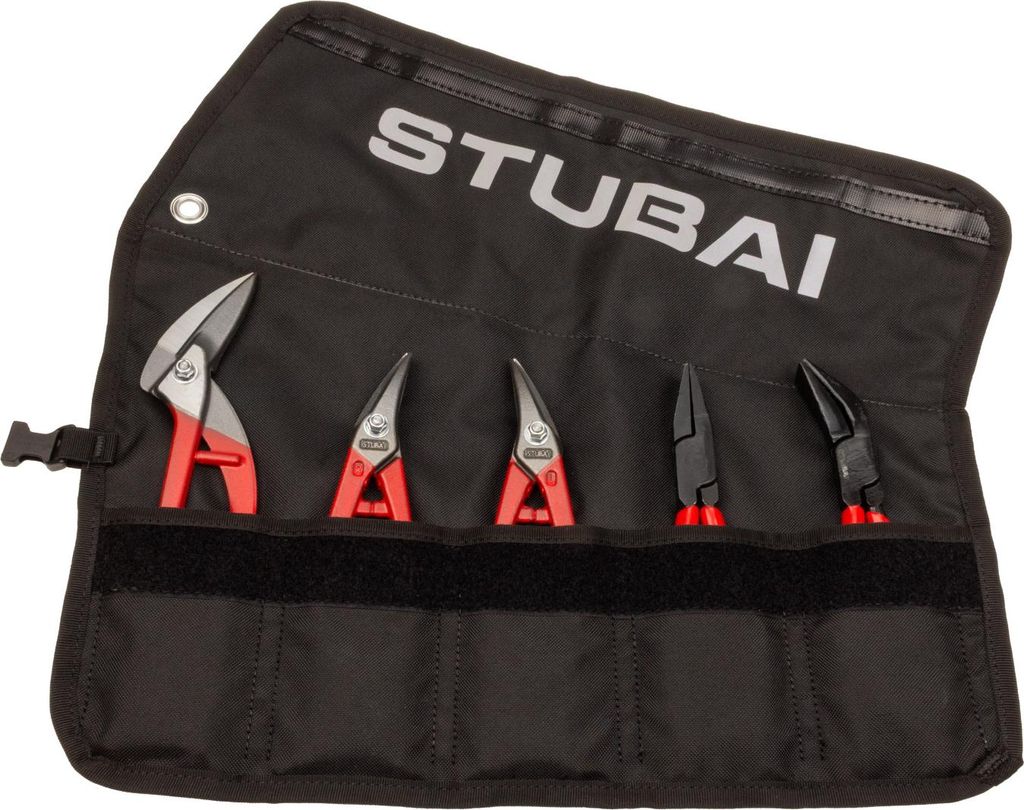 STUBAI-Mini-Spengler-Werkzeug-Set 5-tlg. in Rolltasche | nicht isoliert | Mini-Durchlaufschere, Kombi-Blechschere rechts & links, Falzzange 180 mm ...