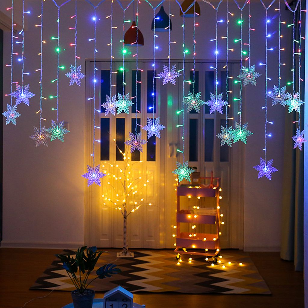 LED Lichterkette Schneeflocke Lichtervorhang Außen Vorhang Xmas Weihnachten DE