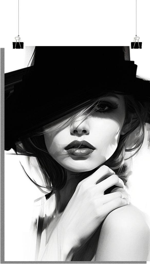 Schwarz-Weiß Poster - Mädchen Poster - Stilvolles Poster - Hut Poster - Mode Poster - 51x71cm - Perfekt zum Einrahmen