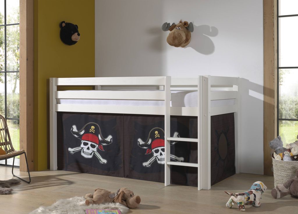 Vipack Halbhohes Bett PINO, mit Textilset "Caribian Pirate", Ausf. Kiefer massiv weiß lackiert