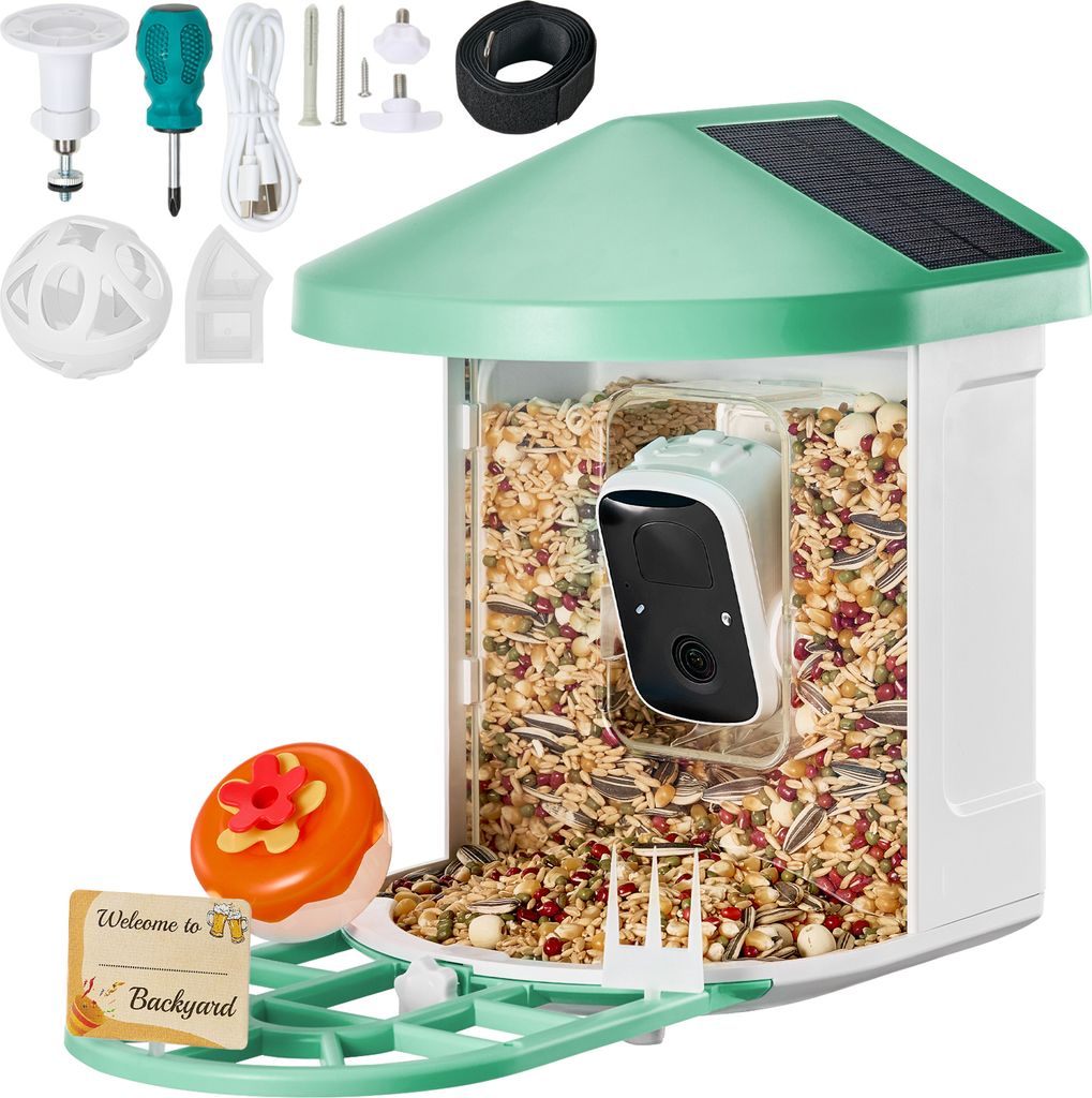 SucceBuy Smarte Vogel-Fütterer-Kamera, 2K HD, KI-ID 10000+ Vogelarten, Solar (2 Panels), Automatische Aufnahme & Benachrichtigung, Outdoor-Geschenk