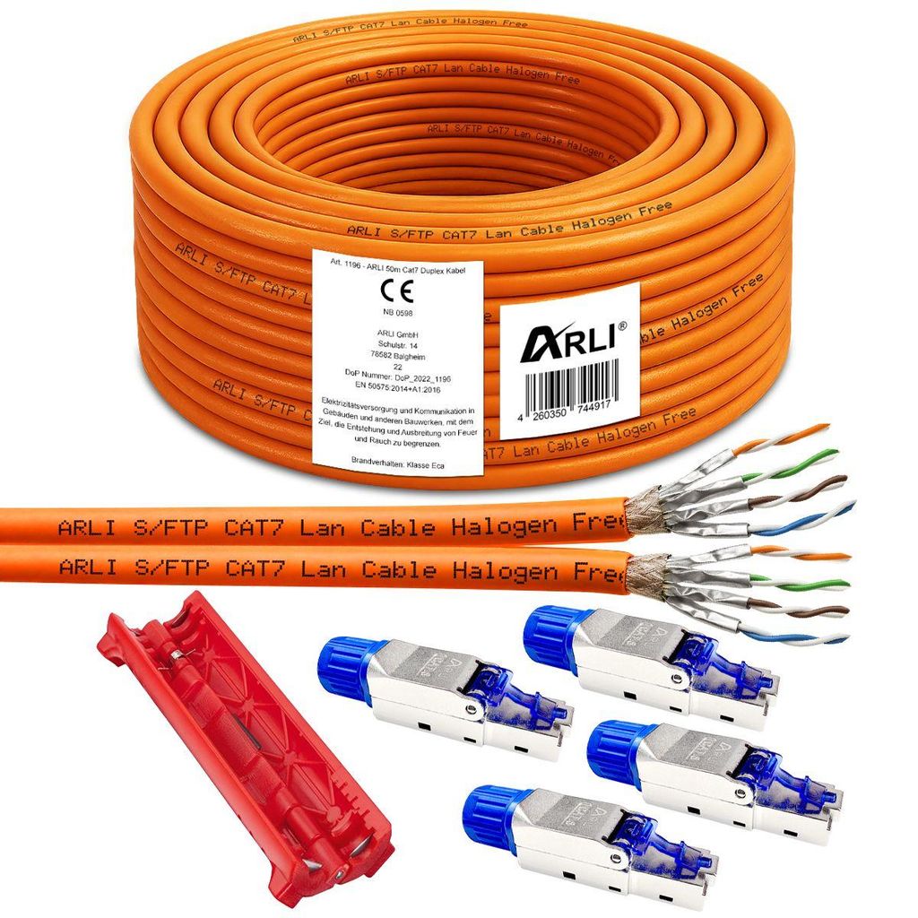 ARLI 50 m Duplex Cat7 Verlegekabel S/FTP LSZH PIMF + 4x RJ45 Cat8.1 Stecker werkzeuglos + Kabelmesser Netzwerkkabel Orange