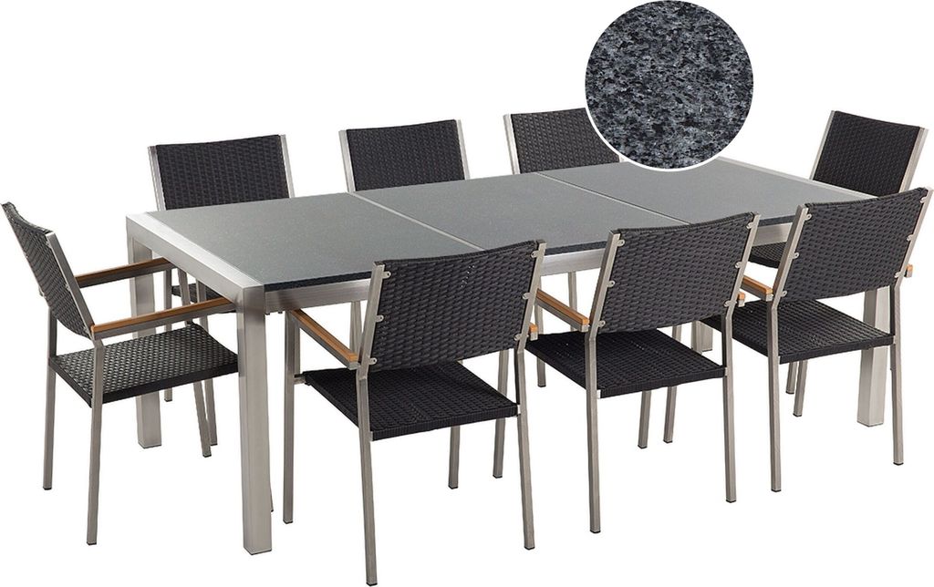 BELIANI Gartenmöbel Set Grau Granit Edelstahl Tisch 220 cm Poliert 8 Rattanstühle Terrasse Outdoor Modern