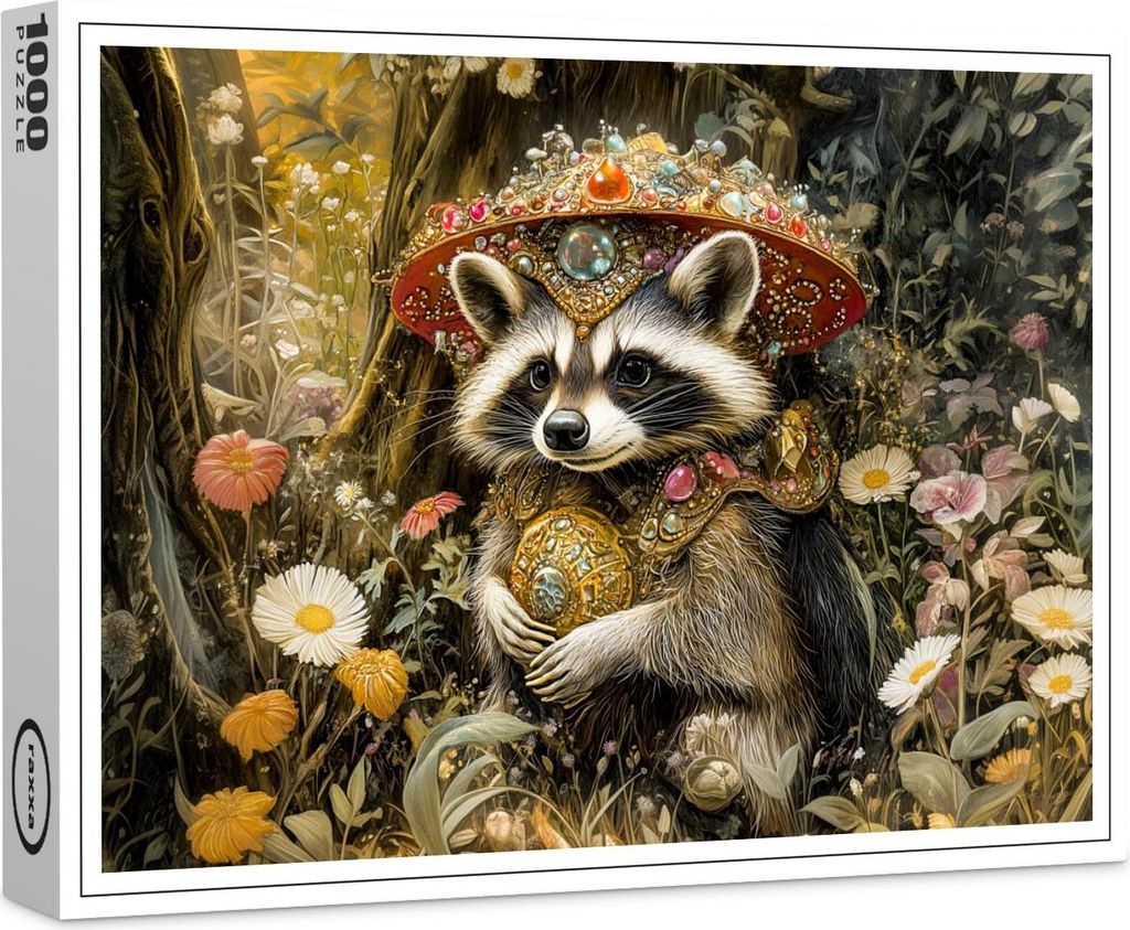 raxxa Premium-Puzzle "Raccoon with a Fly Agaric Mushroom in Fantasy Forest", 1000 Teile