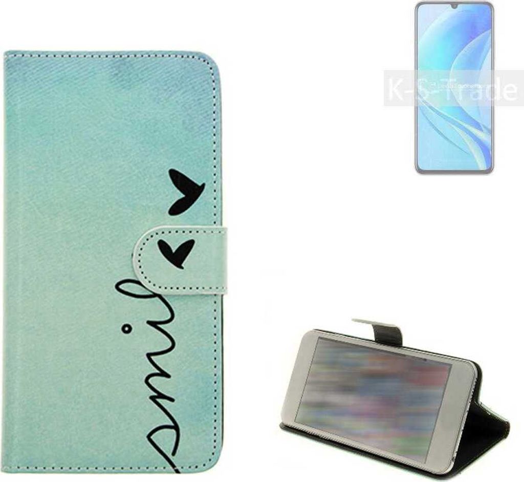 K-S-Trade Schutz Hülle Handy Hülle kompatibel mit Huawei nova Y70 Hülle Handyhülle cover bookstyle Etui Handyhülle ''smile'' türkis