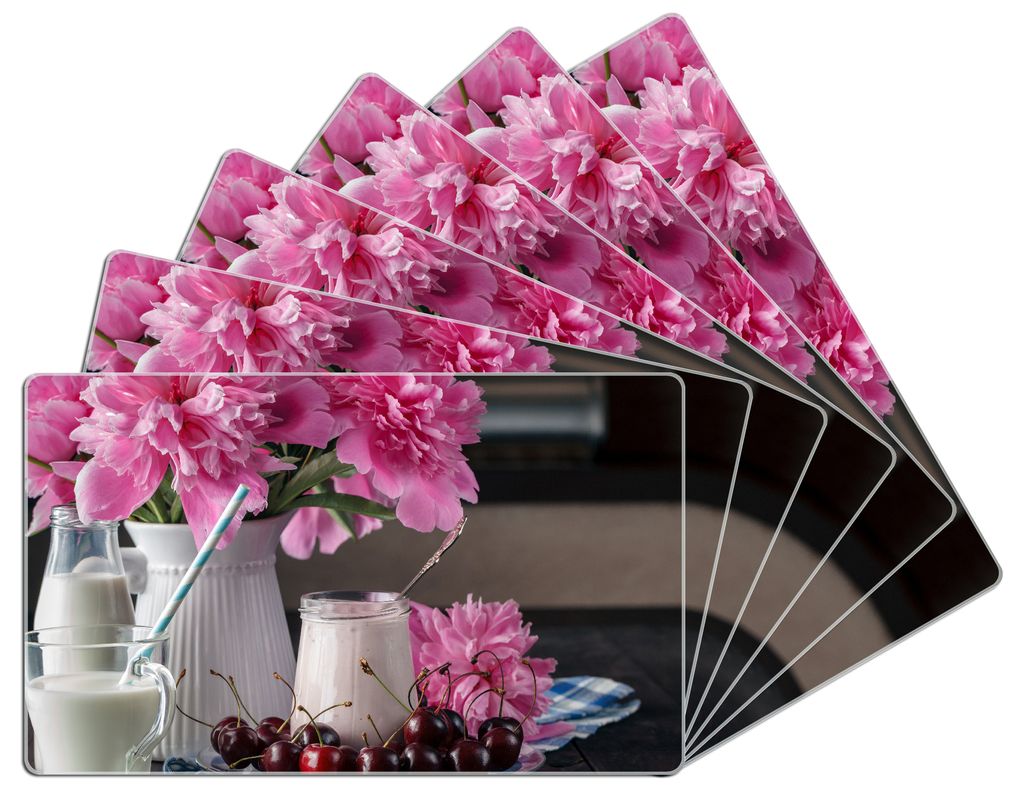 Wallario Frühstücksbrettchen 6er Set aus Glas, je 14 x 23 cm, mit rutschfesten Füßen, Motiv Milch mit Kirschen zum Frühstück mit rosa Blumena...
