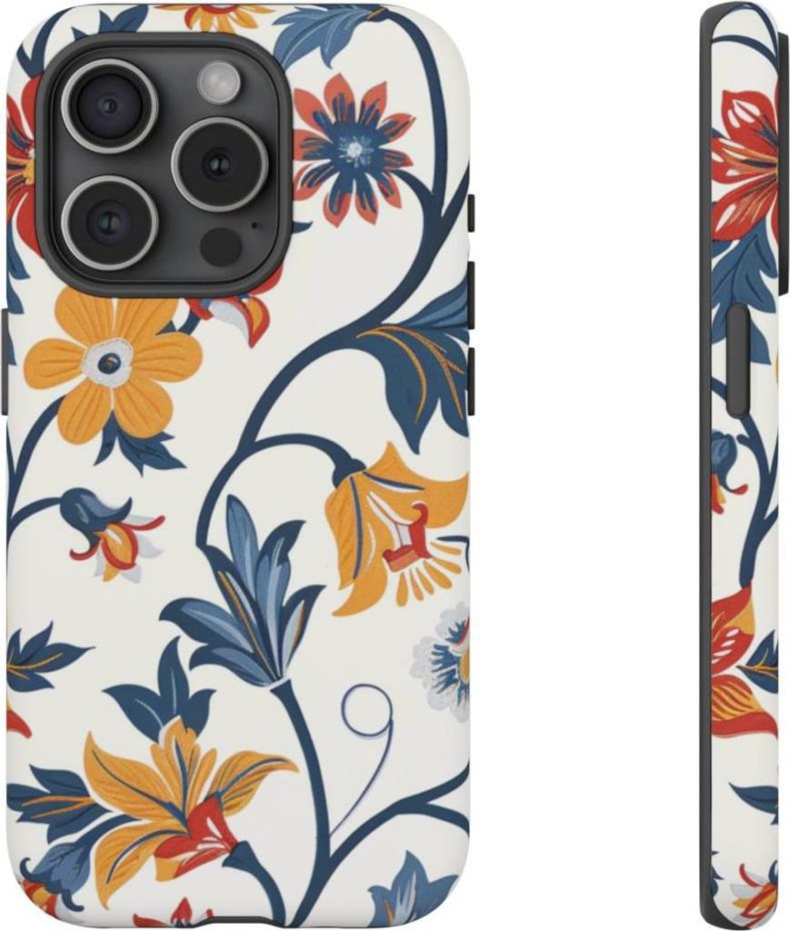 Retro-Blumenmuster in Blau, Rot und Gelb – Hülle Kompatibel mit iPhone 15 Pro