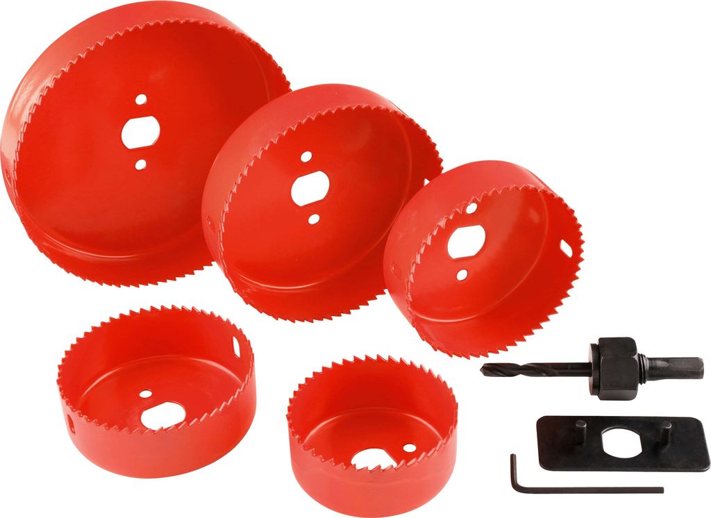 A set of red hole saws and a drill bit attachment are arranged on a white background.