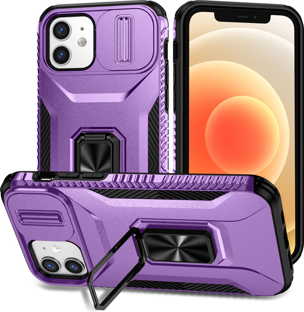 Handyhülle für iPhone 12 / iPhone 12 Pro Dual Layer Hülle mit Schiebe Kamera Schutz und Ringhalter Ständer Lila