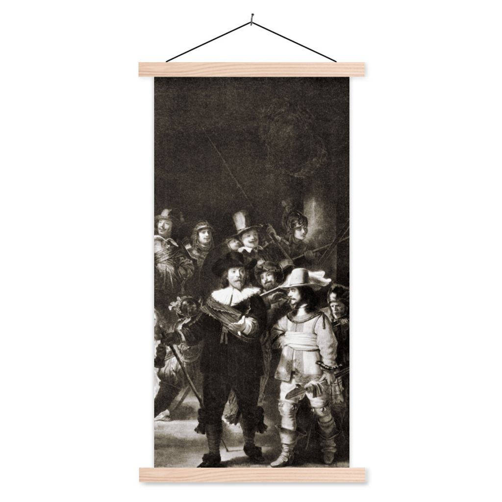 Textilposter - Die Nachtwache in Schwarz und Weiß - Rembrandt van Rijn - 40x80 cm - mit holzfarbenen Rahmen