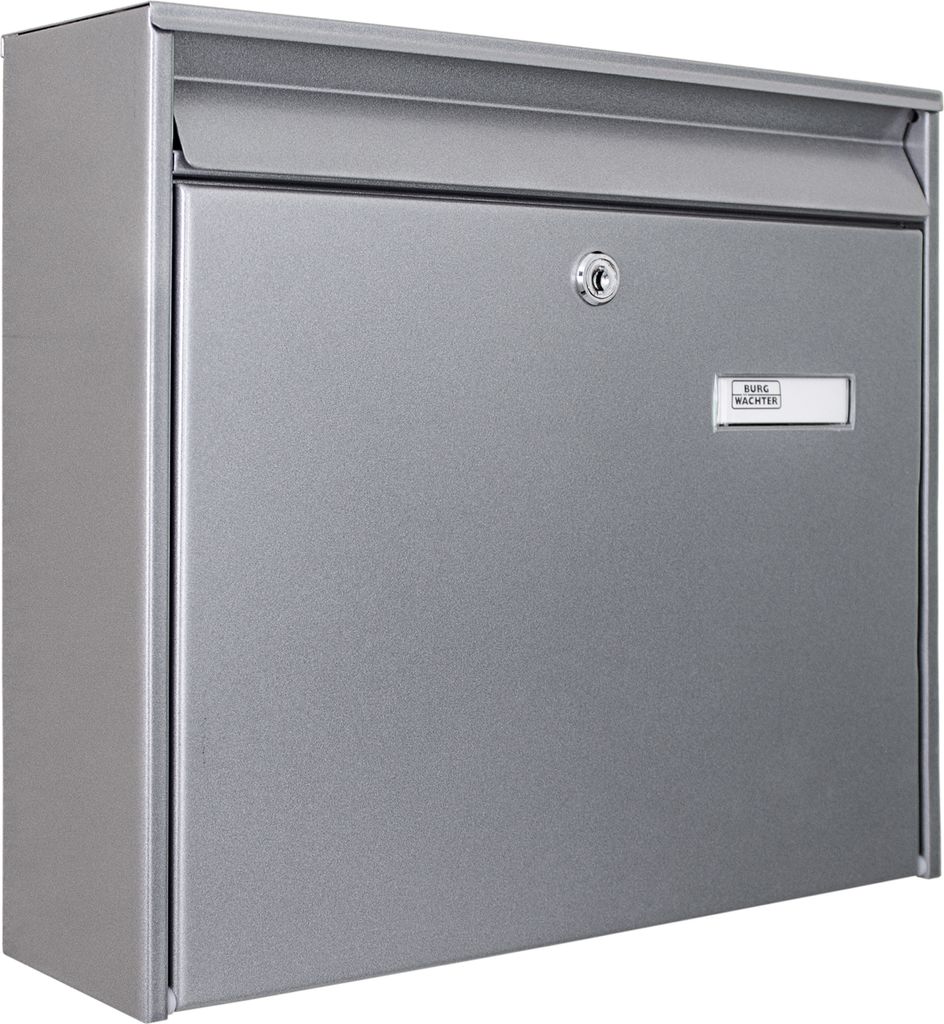 A silver mailbox is shown against a white background.