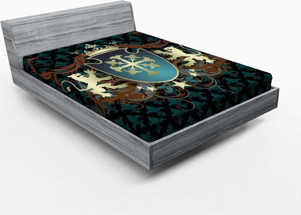ABAKUHAUS Mittelalterlich Spannbetttuch, Heraldisches Design aus dem Mittelalter Wappen Krone Lions und wirbelt, 150 x 190 cm, Teal Schwarz Zimt