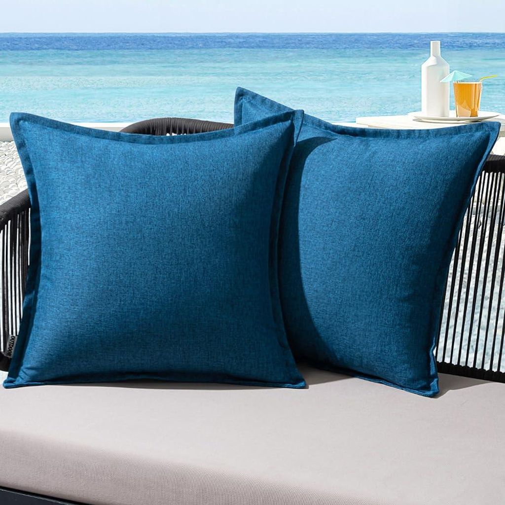 2er-Set Kissenbezüge, 45 x 45 cm, marineblau, wetterfest, Leinenoptik, für Garten, Sofa, Sessel, Wohnzimmer, Schlafzimmer