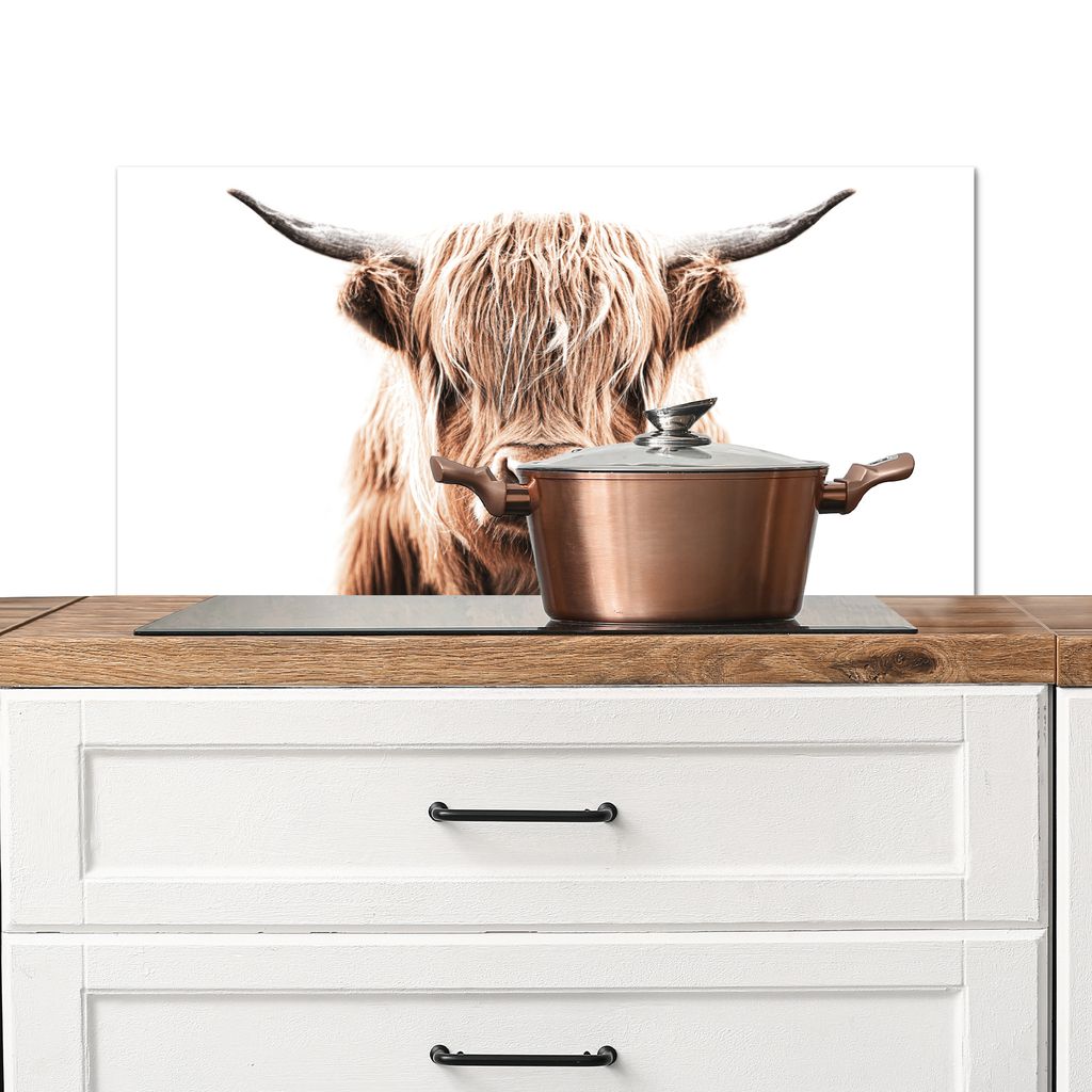 KitchenYeah Spritzschutz Küche - Küchenrückwand - Wandschutz für Herd und Spüle - Schottisches Hochlandrind - Kuh - Tiere 90x45 - Alu-Dibon...