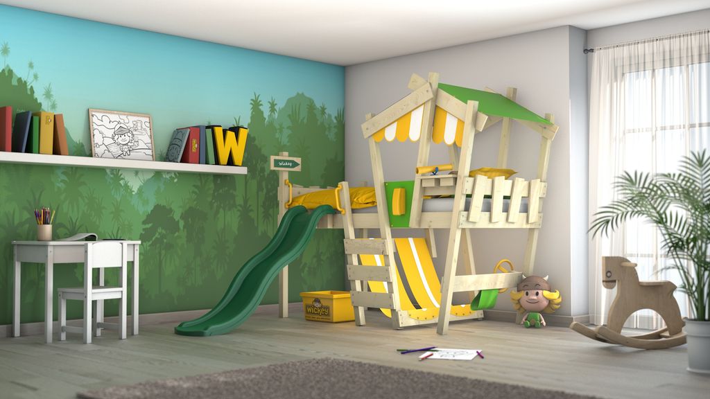 WICKEY Kinderbett Hochbett "CrAzY Hutty" Spielbett mit Wellenrutsche 90x200 cm 