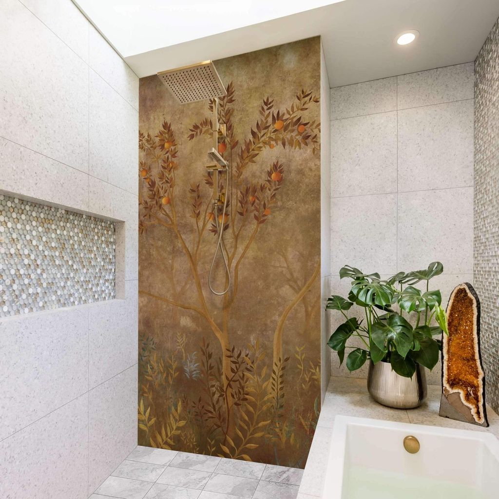 Duschrückwand Wald selbstklebend - 0.61 mm Wandpaneel wasserfest Vogel braun Tropisch Badrückwand fugenlos Premium matt 80x200 cm