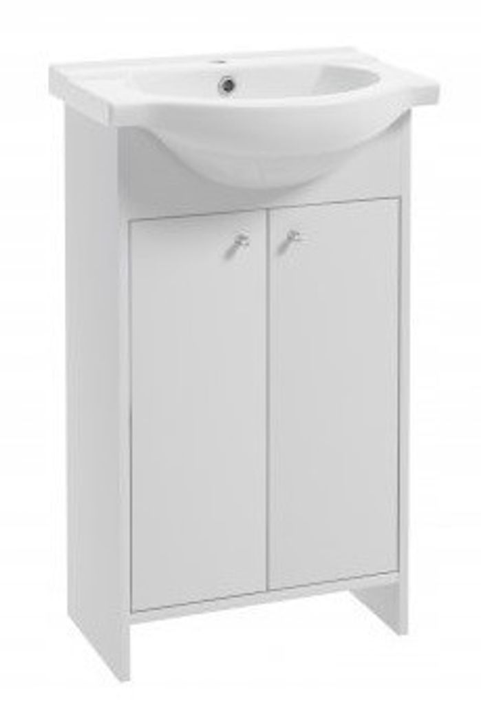 A white bathroom cabinet with a sink on top, shown against a white background.