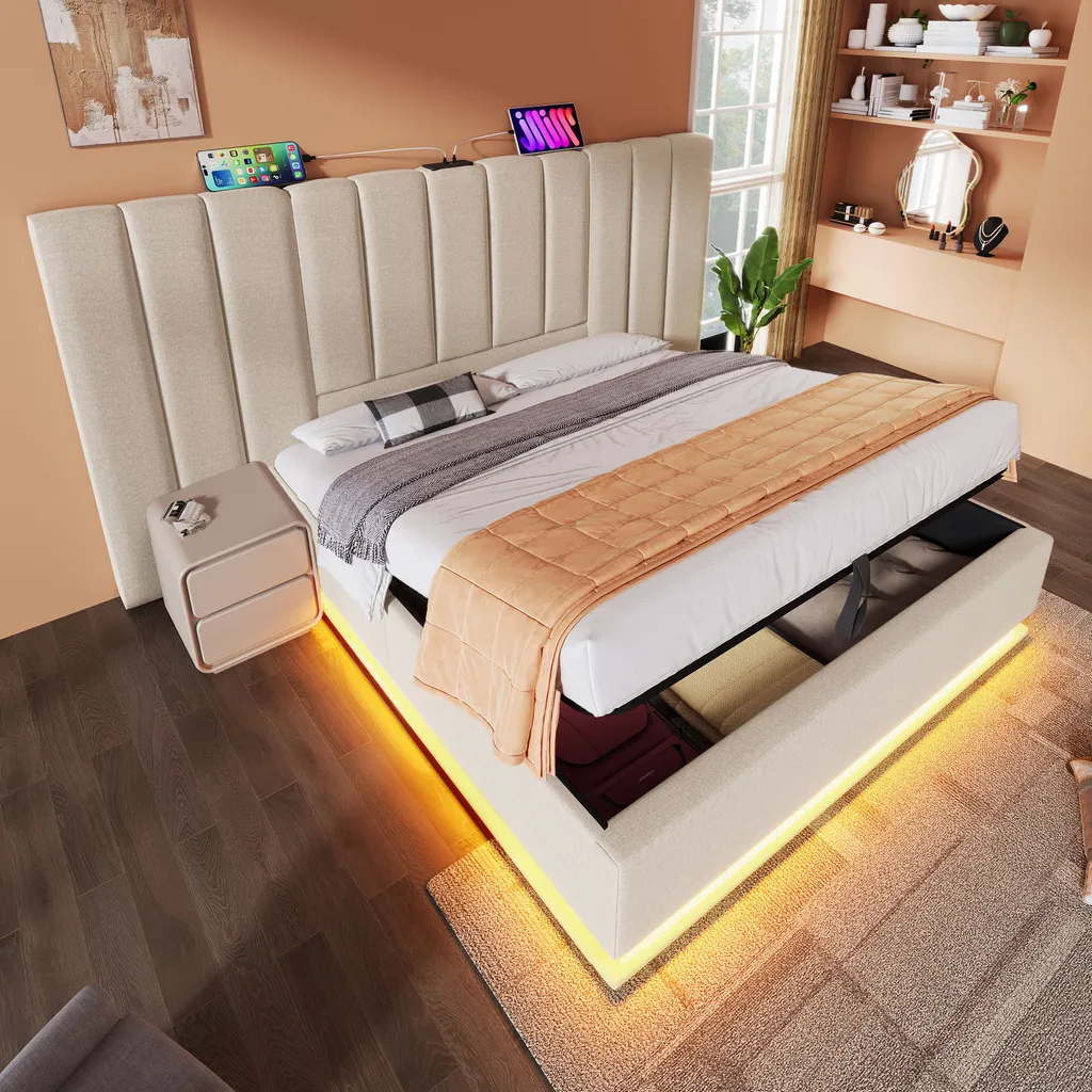 Lit coffre 160x200 cm OKWISH en velours beige avec LED et ports USB