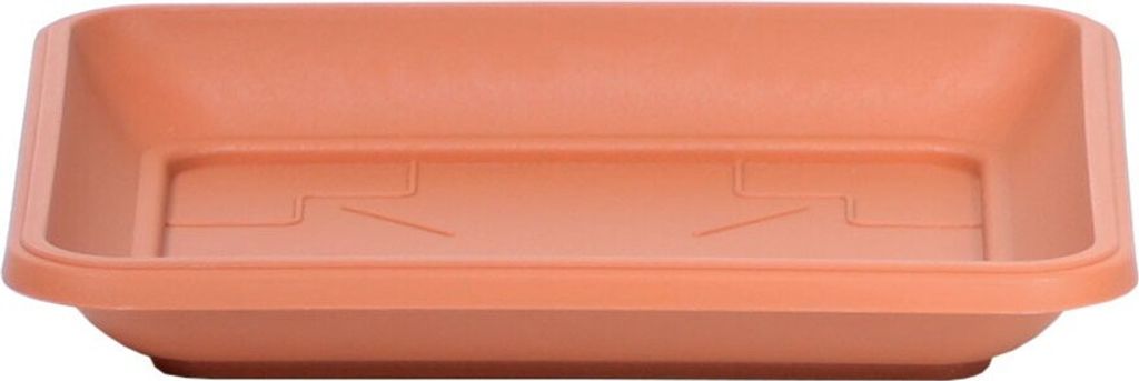 A rectangular terracotta plant saucer is shown from a front-facing, slightly elevated angle against a white background.