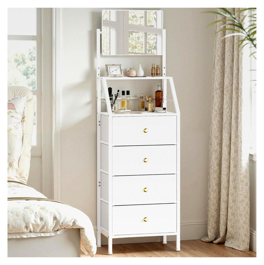 Hochkommode für das Schlafzimmer mit Spiegel, 4 Stoffschubladen, 147 cm, Weiß