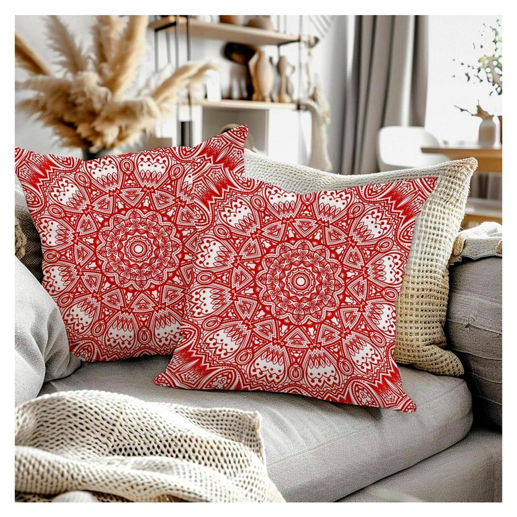 Marokkanische Kissenbezüge 50x50 cm Rot Ethnischer Boho-Stil Indisch Abstrakt Mandala Arabeske Meditation Hippie Modern Kissenhülle für Sofa Woh...