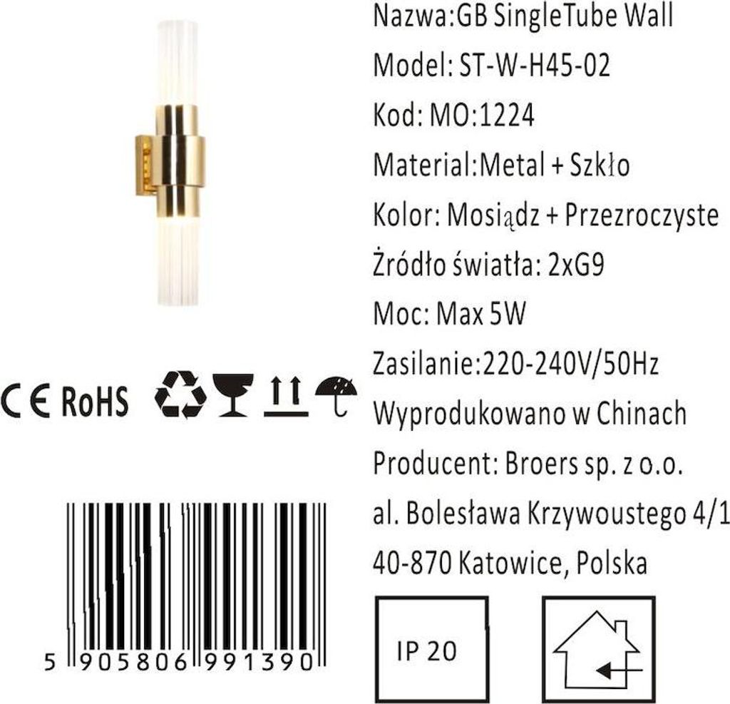Glass & Brass - Single Tube Wall - kinkiet 45cm mosiądz Zdjęcie produktu 