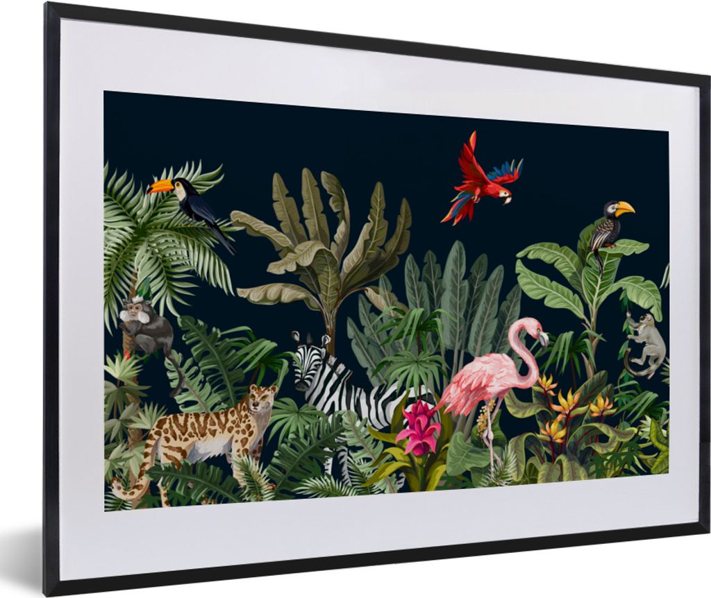 MuchoWow Gerahmtes Poster Dschungel - Pflanzen - Tiere - Kinder - Flamingo - Zebra 60x40 cm - Poster mit Schwarzem Bilderrahmen Wandposter Rahmen...