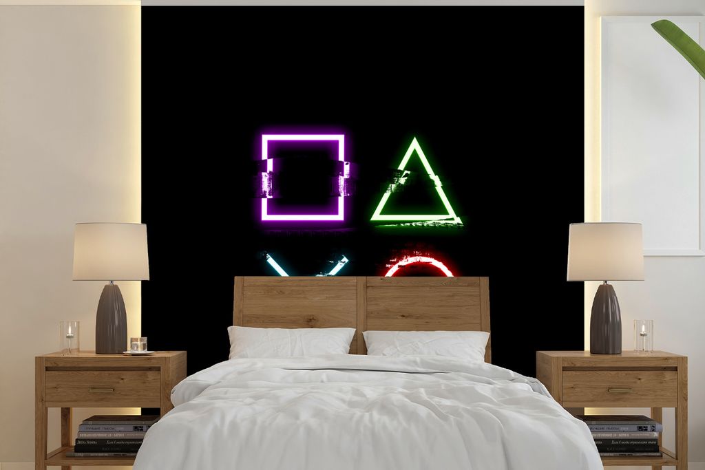 MuchoWow Fototapete für Wohnzimmer oder Schlafzimmer Wandtapete Vinyl Motivtapete Spiel - Controller - Neon - 260x260 cm - Papiertapeten