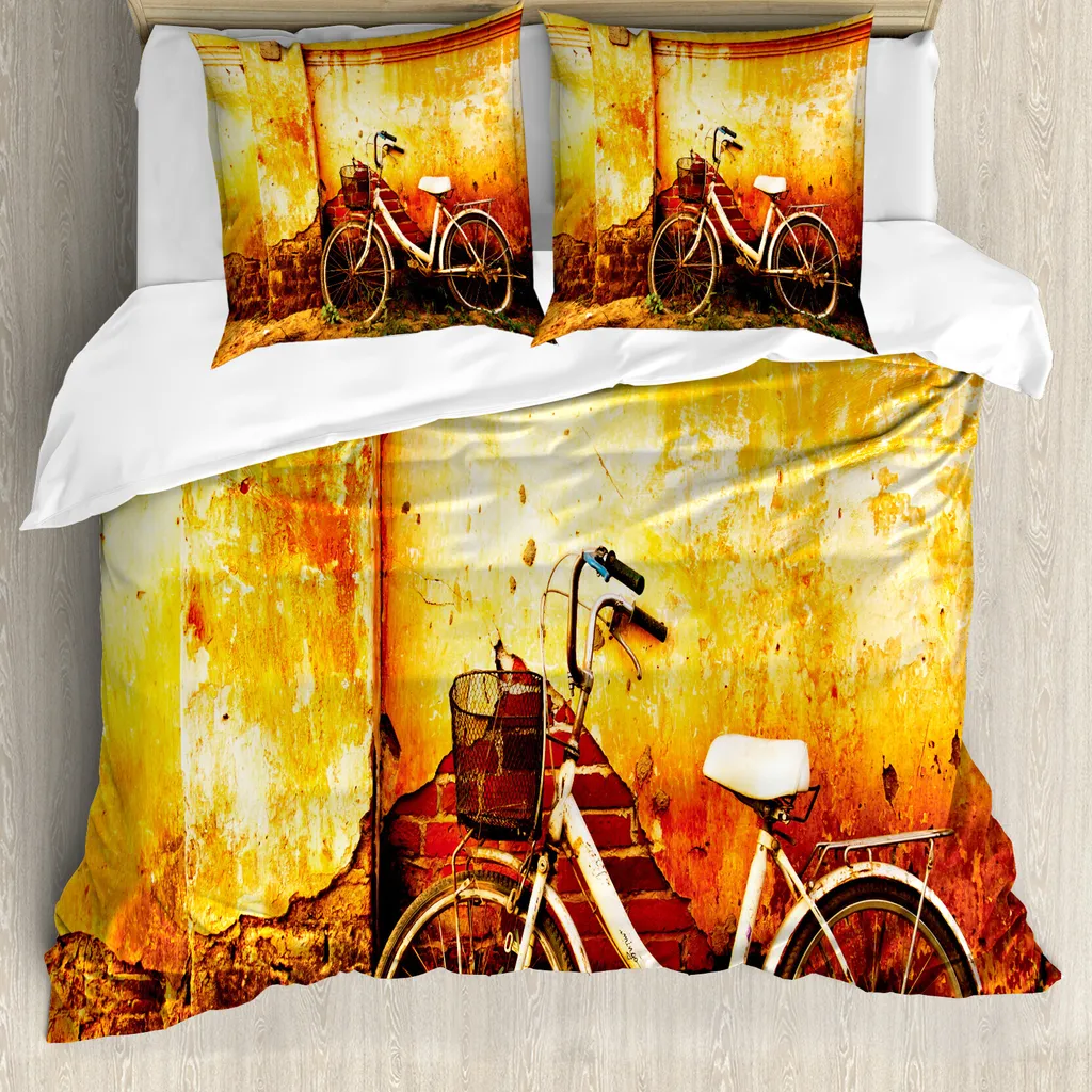 ABAKUHAUS Copripiumino bicicletta, Bike Rusty Gebrochene Wand, antiacaro, adatto a chi soffre di allergie, con federe, 155 cm x 220 cm - 80 x 80 cm, seppia - 1
