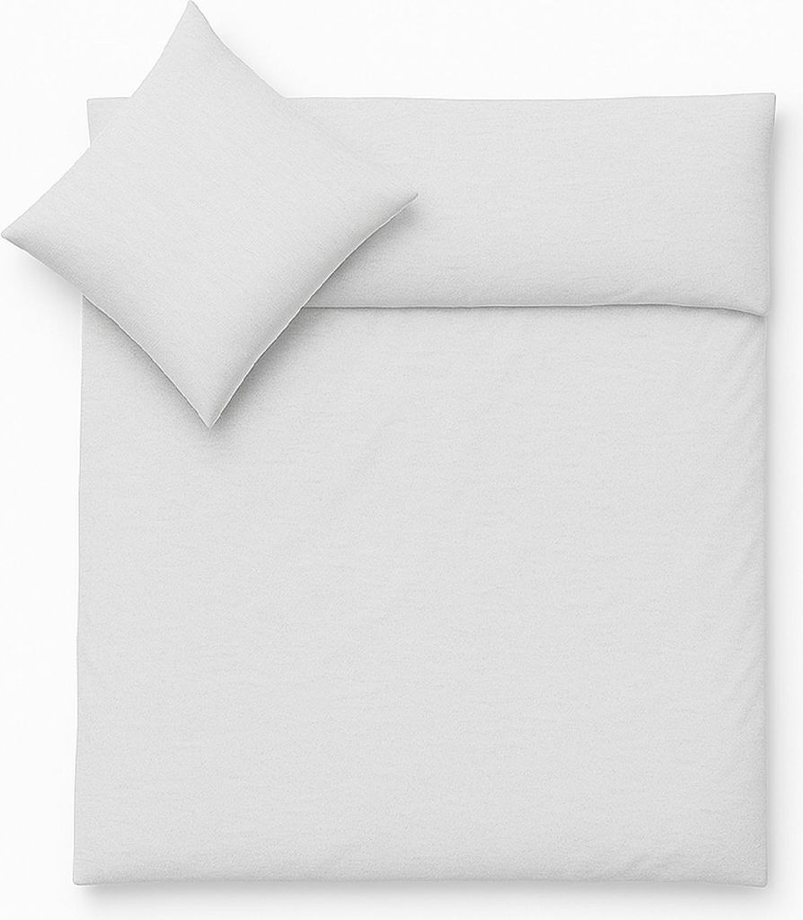 A flat lay of a duvet cover and a pillowcase, both in light gray.