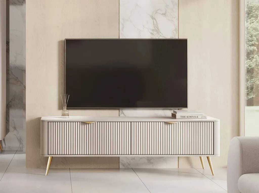 Buffet Bas TV Beige avec Pieds Métalliques et Finitions Aluminium