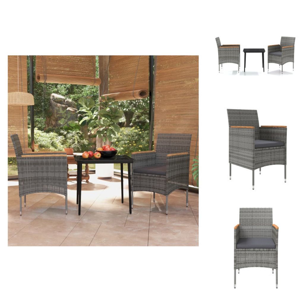 vidaXL 3-tlg. Garten-Essgruppe mit Auflagen Grau und Schwarz - Gartenmöbel-Sets