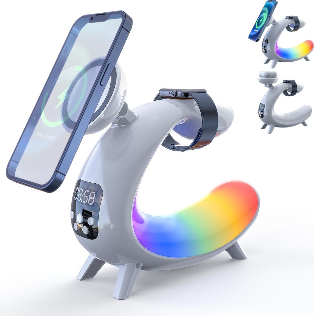 Nachttischlampe Buntes Nachtlicht Kabelloses Aufladen für Handy-Uhr-Kopfhörer Kann als BT Audio/Uhr/Ambientelicht verwendet werden