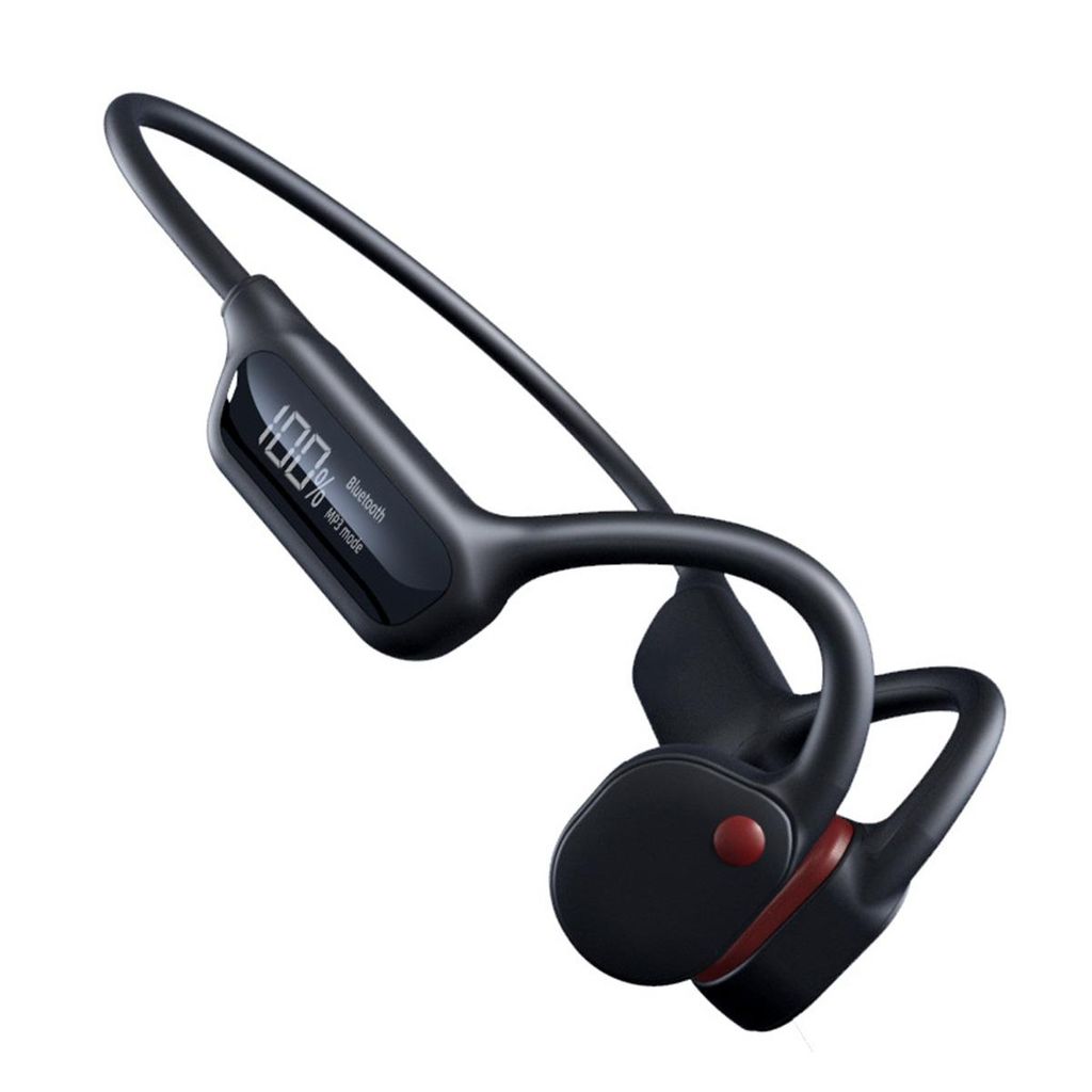 A pair of black bone conduction headphones with a digital display showing battery percentage and Bluetooth connection.
