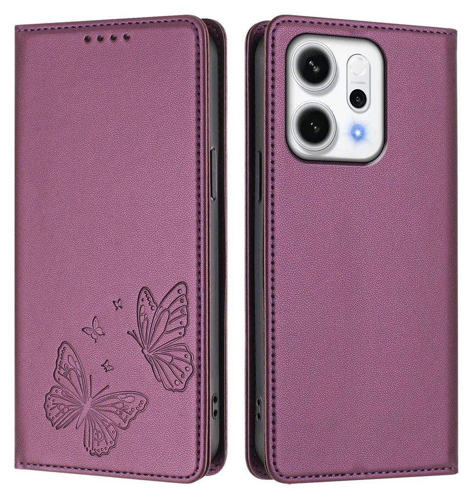 Lederhülle für Oppo Reno14 /Reno14 F 5G, Schmetterling Prägung Leder Brieftasche Schutzhülle mit Ständer Lila