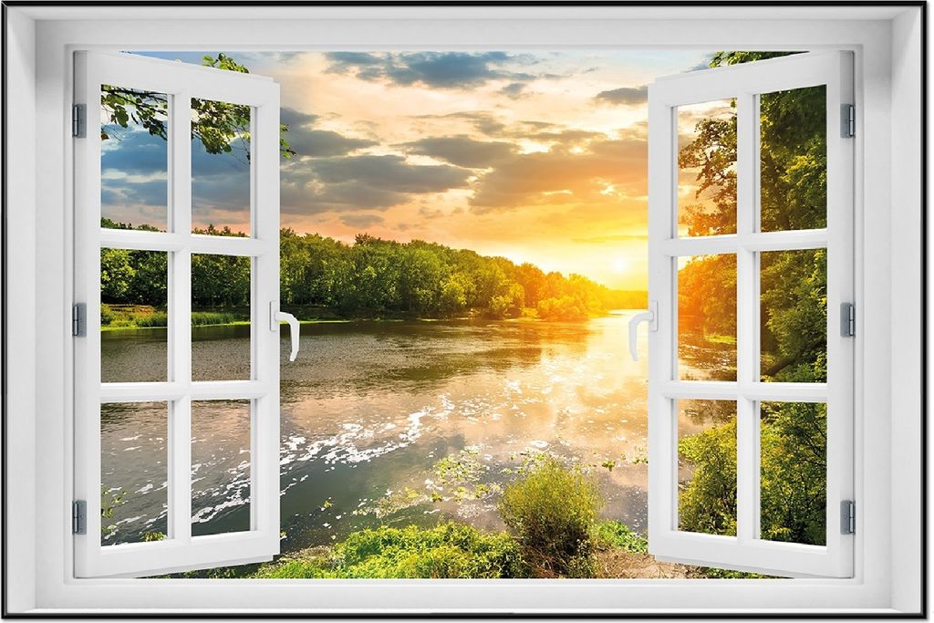 Wallario Wandbild mit Fenster-Illusion: Sonnenuntergang am Fluss in grüner Umgebung, Größe: 61 x 91,5 cm, Poster mit schwarzem Aluminiumrahmen