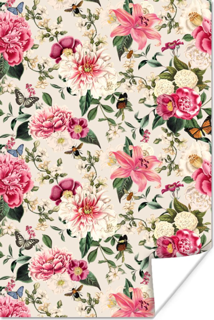 MuchoWow Poster Blumen - Insekten - Rosa 40x60 cm - Plakate für die Wand - Poster Babyzimmer