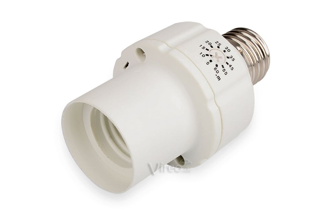 A white lamp adapter with a timer dial is shown against a white background.