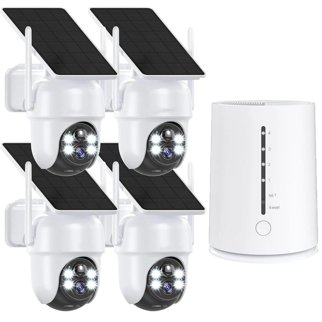 4MP Überwachungskamera Aussen Solar Akku 4er Set mit HomeBase 360° Schwenk mit 2K Farb-Nachtsicht 365Tage mit Solarpanel Kabellos Kamera Überwac...