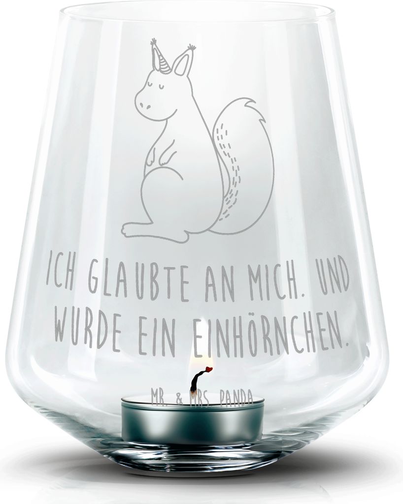 Mr. & Mrs. Panda Laterne Einhorn Glauben - Transparent - Geschenk, Unicorn, Deko Windlicht, Eichhörnchen, Einhörnchen, Glas Teelichthalter, mit g...