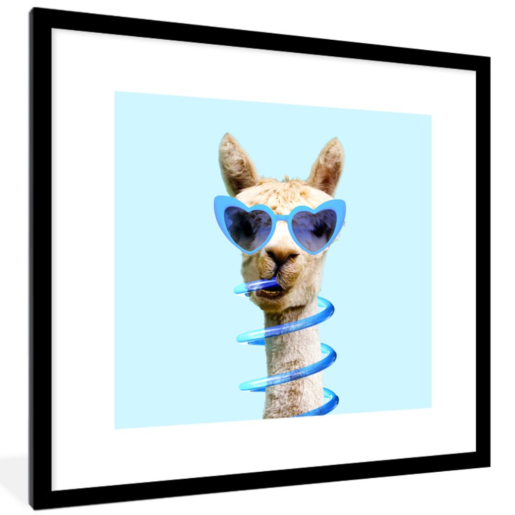 MuchoWow Gerahmtes Poster Lama - Sonnenbrille - Blau - Tier 40x40 cm - Poster mit Schwarzem Bilderrahmen Wandposter Rahmen Foto Bilder - Poster -...