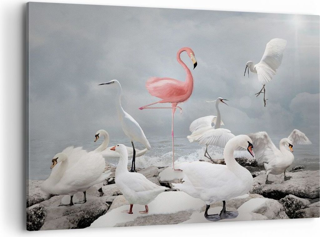 Bild auf Leinwand - Leinwandbild - Einteilig - Flamingo Schwan Fantasie - 100x70cm - Wand Bild - Wanddeko - Wandbilder - Leinwanddruck - Bilder - W...