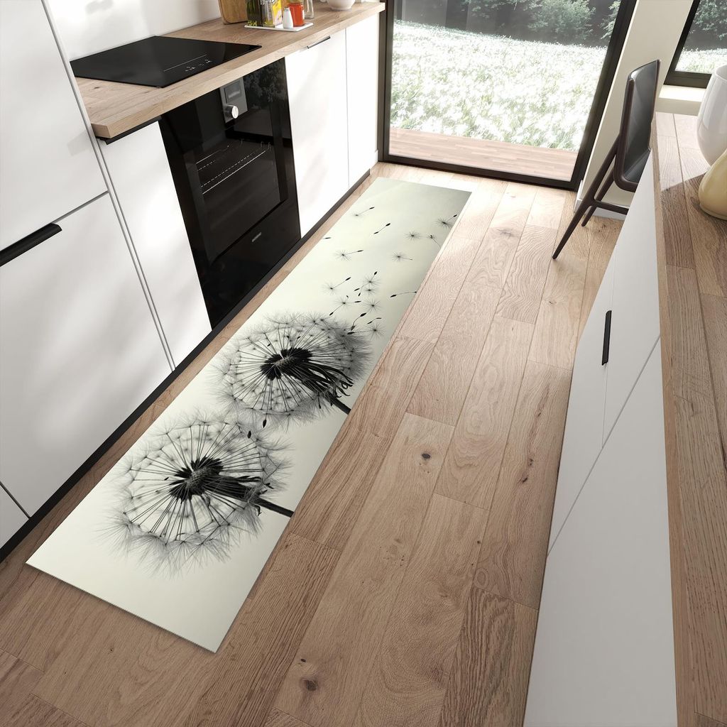 Küchenteppich 60x270cm rutschfest & abwischbar PVC Läufer - Pusteblume Schwarz