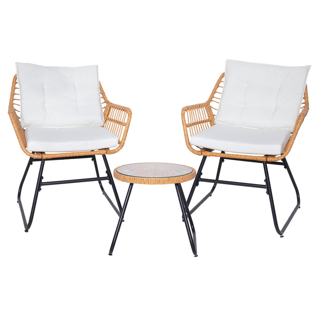 A rattan furniture set with two chairs and a small table, presented against a white background.