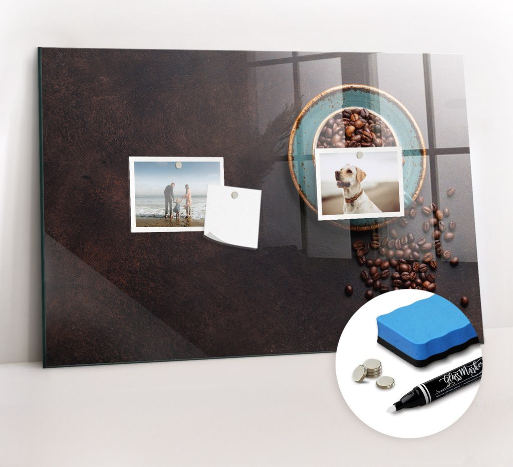 Magnetpinnwand Memoboard - Zubehörsatz - Weißer Marker + Schwamm + Magnete - 60 x 40 cm - Tasse Kaffee