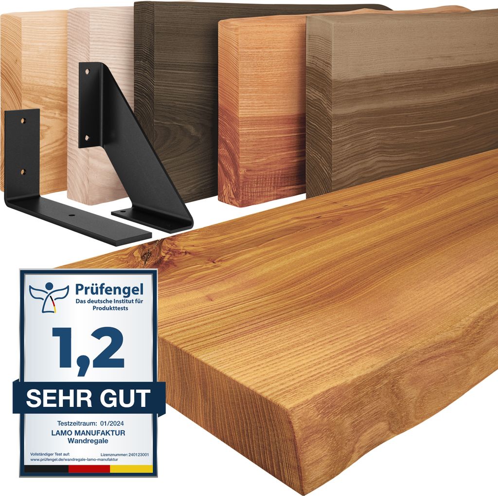 LAMO Manufaktur Wandregal Holz Baumkante | Regal Farbe: Rustikal | mit weißem Vintage Regalträger | 160 cm